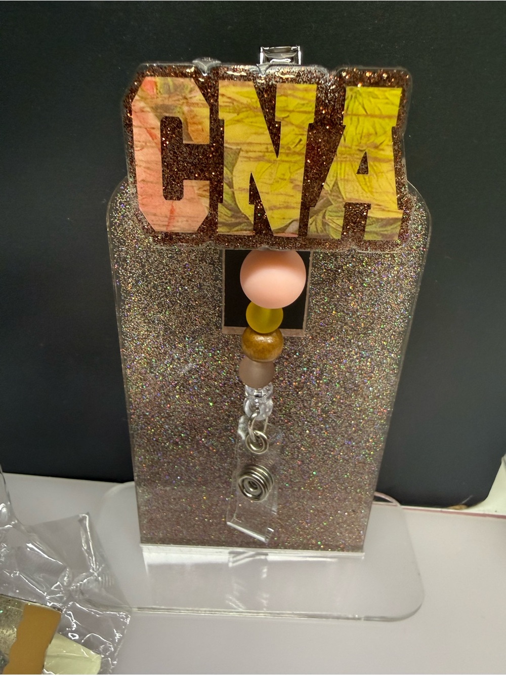 CNA Glitter Badge Reel with Beaded Charm - CERTIFIED NURSE ASSISTANT